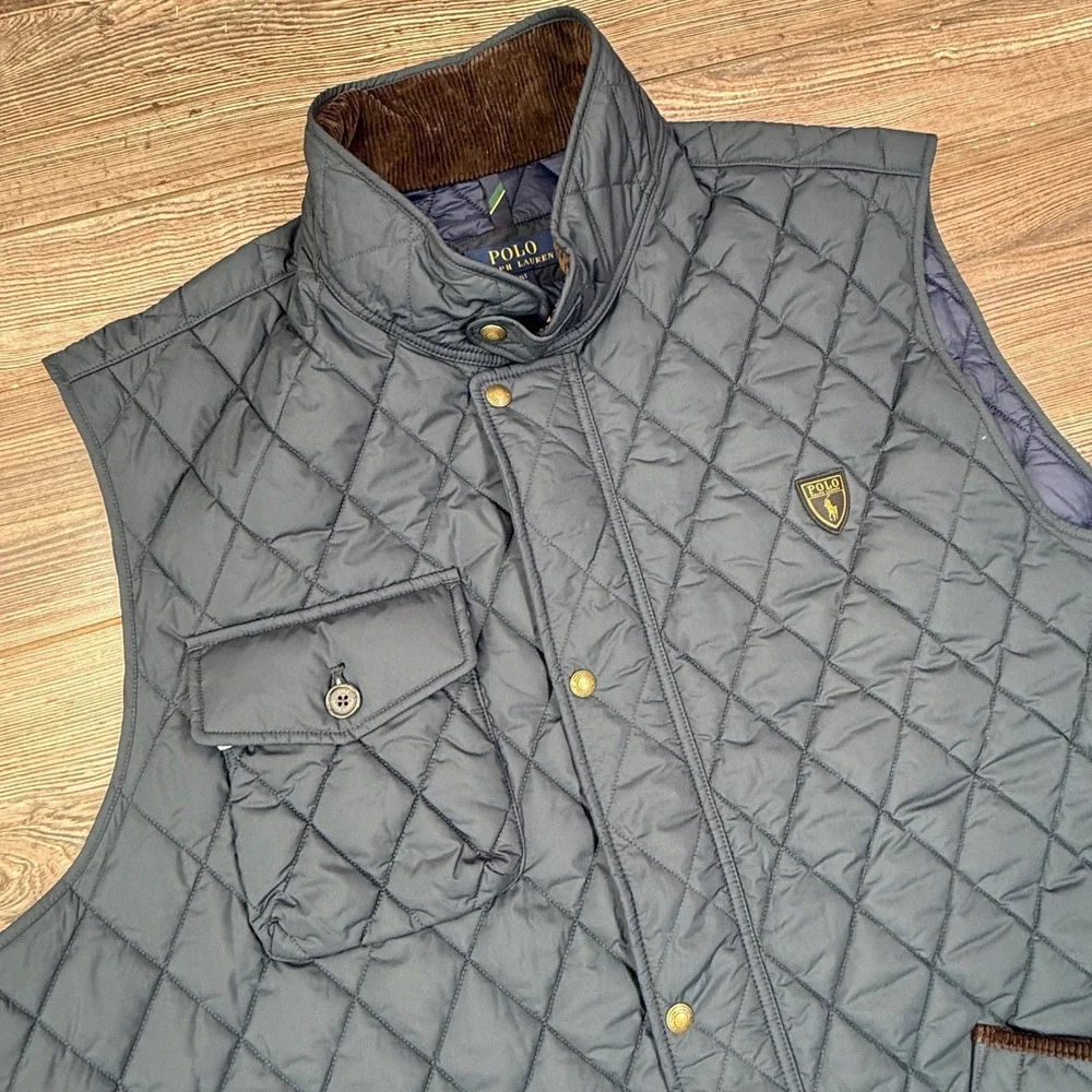 Polo Ralph Lauren Mens Size 4XLT Quilted Vest Navy Blue Corduroy Trim